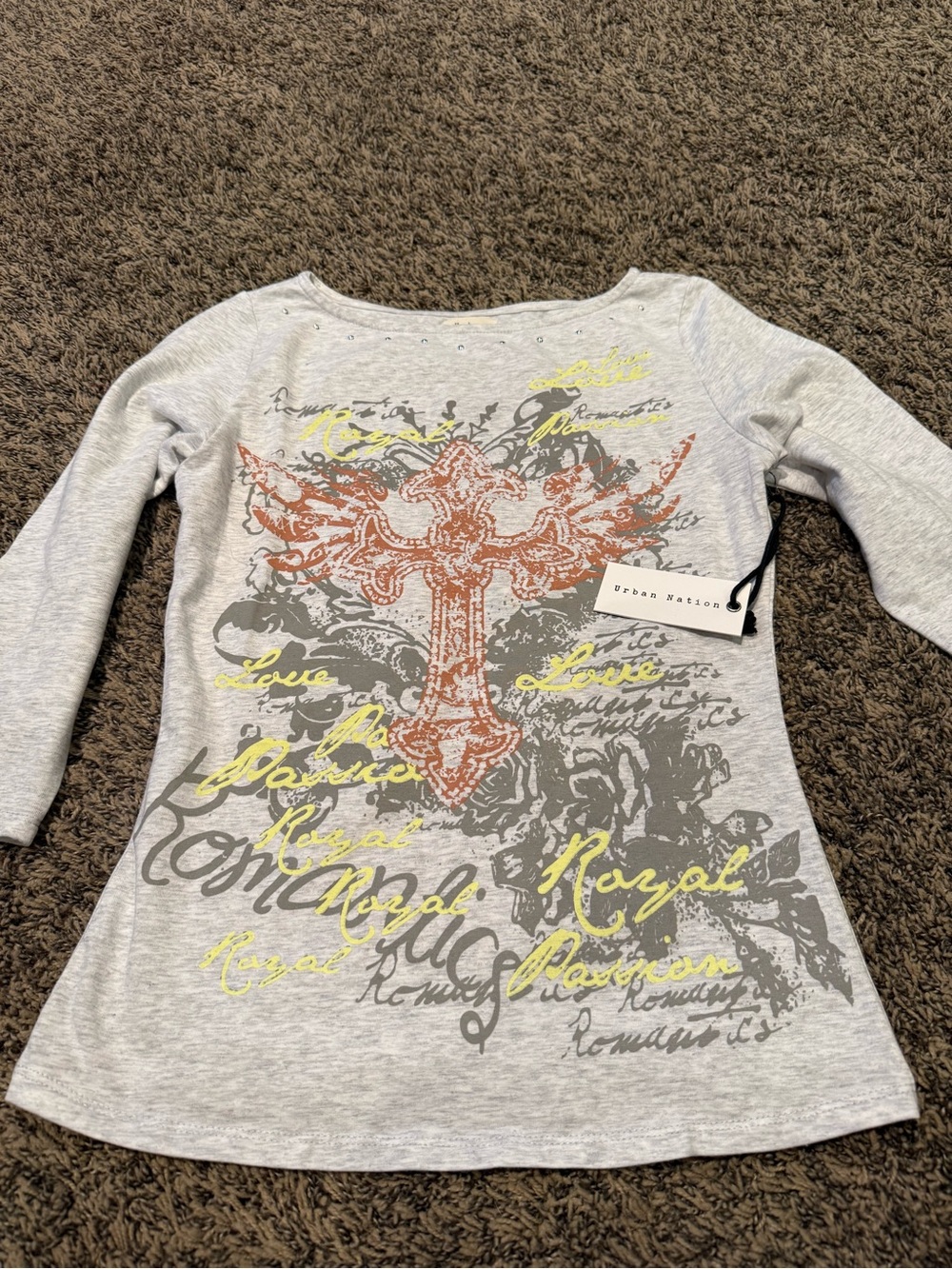 Urban Nation Girls' Light Gray Long-Sleeve Graphic Tee with Orange Cross